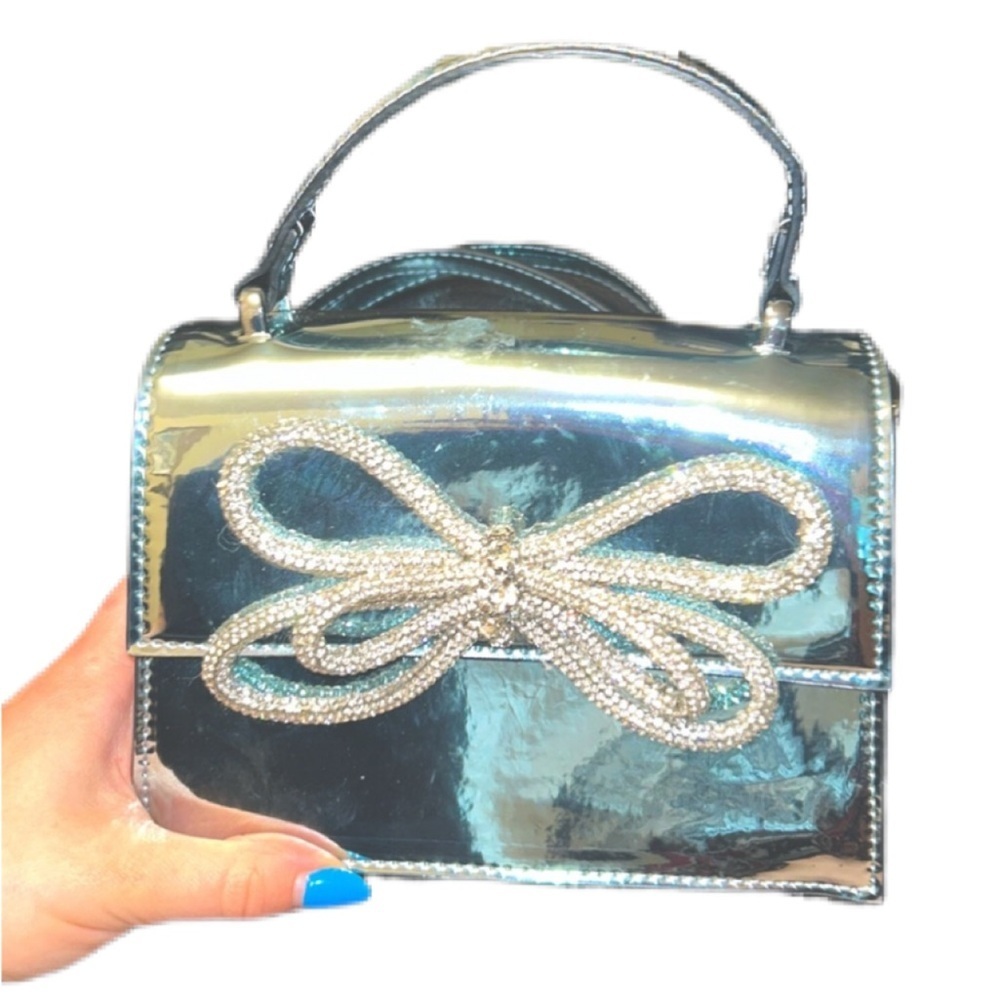 ALDO CHROME BLUE RHINESTONE BOW MINI CROSSBODY BAG TEAL